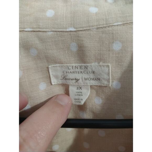 Charter Club Linen Shirt 100 Linen Brown White Polkadot Collared V Neck Long... - Picture 3 of 10